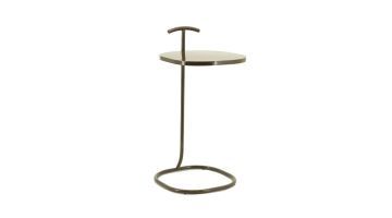 Metalen bijzettafel Buddy in brown met rond tafelblad en slanke poot, minimalistisch ontwerp met open voet en gelakte afwerking, vrijstaand gefotografeerd.