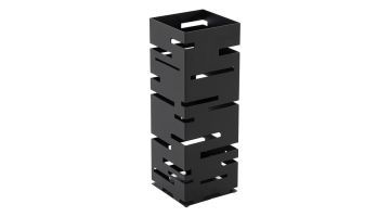 Zwarte metalen parapluhouder met strak, opengewerkt ontwerp en rechthoekige vorm, vrijstaand gefotografeerd tegen een witte achtergrond.