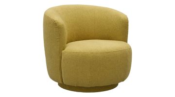 Mosterdgele draaifauteuil Serena met ronde zitting en gesloten armleuningen, gefotografeerd recht van voren op witte achtergrond.