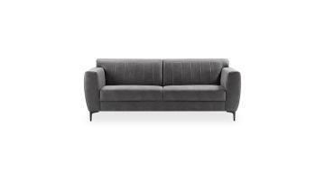 3-zitsbank Ridgway in donkergrijze microvezelstof, frontaal weergegeven met strakke belijning, retro stiksel op de rug en zwarte metalen poten.