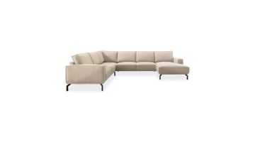 Hoekbank Alburg in beige bouclé met zwarte metalen poten, chaise longue rechts, vooraanzicht