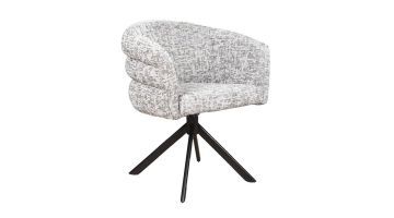 Grijs gemêleerde armstoel Imola met ronde kuip en zwart metalen draaionderstel, gefotografeerd tegen een witte achtergrond.