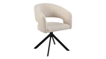 Armstoel Tokyo in lichtbeige stof met ronde kuipzitting en zwart metalen onderstel, gefotografeerd op witte achtergrond.