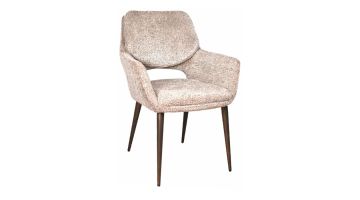 Trendhopper armstoel Aarhus in bouclé-look stof met ronde kuip en slanke poten, vrijstaand op witte achtergrond.