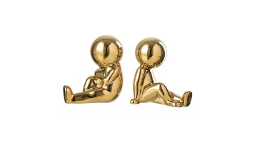 Set van twee goudkleurige boekensteunen met zittende figuren, glanzende afwerking, los gefotografeerd op witte achtergrond.