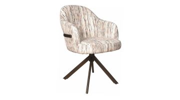 Trendhopper armstoel New York met ronde kuip en armleuningen, bekleed met streeppatroon stof, op donker draaionderstel tegen witte achtergrond.