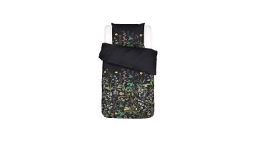 Eenpersoons dekbedovertrek Augustina antraciet met kleurrijke bloemenprint en effen donkere omslag