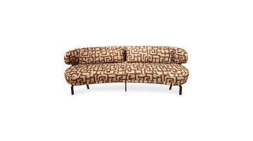 Hale eetkamerbank met ovale vorm, grafische bekleding in beige en bruin en zwarte metalen poten.
