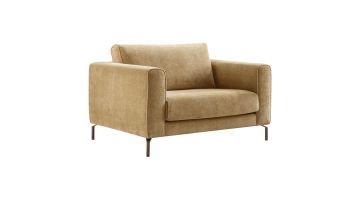 Linoza loveseat bouclé lichtbruin, schuin van voren met brede armleuningen en metalen poten