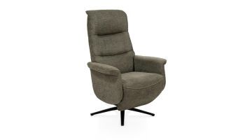 Relaxfauteuil Twistello in mosgroene stof met elektrische relaxfunctie en zwart metalen sterpoot