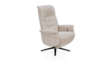 Relaxfauteuil Twisto in stof Vada beige met zwarte metalen sterpoot, schuin van voren