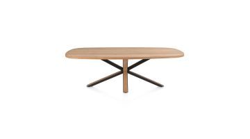 Ovale eettafel Bonaire van gelakt eikenfineer met metalen onderstel en houtinleg, frontaal weergegeven