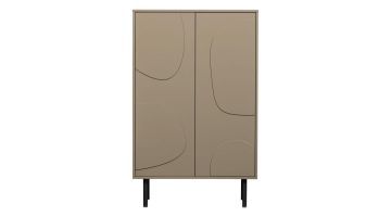 WOOOD opbergkast Cadiz mud met twee deuren met organisch reliëfpatroon en zwarte poten op witte achtergrond