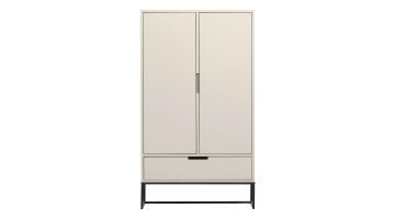 Silas 2-deurs kast in dust met lade en zwart metalen onderstel, vooraanzicht op witte achtergrond