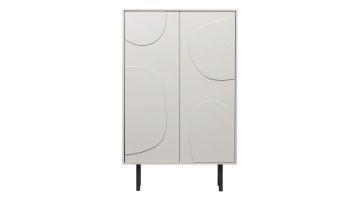 WOOOD Cadiz opbergkast Mist FSC grenen met speelse deuren en zwarte poten, vooraanzicht