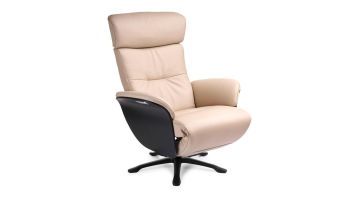 Beige leren relaxfauteuil Nova met hoge rugleuning en zwart draaionderstel.