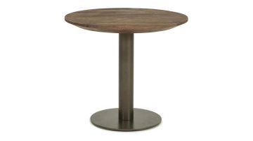 Eleonora salontafel Esila Small met rond mangohouten blad en ijzeren onderstel, vrijstaand op witte achtergrond