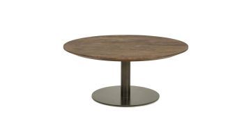 Eleonora salontafel Esila Large met rond mangohouten blad en ijzeren onderstel, vrijstaand op witte achtergrond