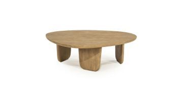 Eleonora Salontafel Maud Large Naturel met groot ovaal blad en drie afgeronde poten van geborsteld mangohout