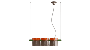 Hanglamp Yakitori met drie keramische kappen in oranje en taupe op groene stang