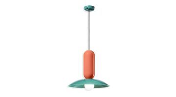 Hanglamp Pau met groen kapje en oranje cilinder in hoogglans afwerking