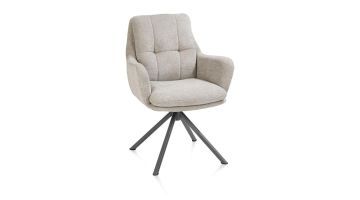 Armstoel Madelaine in beige stof Vada met draaifunctie en grafietkleurige metalen kruispoot, vooraanzicht