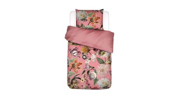 ESSENZA Filou dekbedovertrek met bloemenprint op roze achtergrond, bovenaanzicht