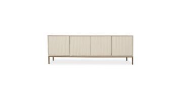 TV-meubel Madison Sand van gezandstraald mangohout met verticaal lattenpatroon en bronzen metalen frame, vooraanzicht