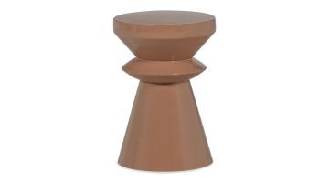 Bijzettafel Banari in oudroze met sculpturale vorm, glanzende afwerking en rond tafelblad