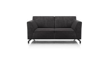 Henders & Hazel Zembla 2-zitsbank in donkere bekleding met strakke armleuningen en metalen poten, frontaal gefotografeerd