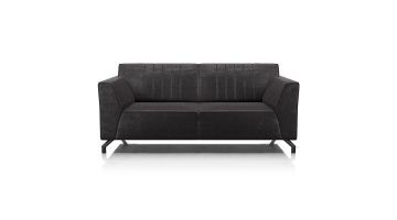 Henders & Hazel 2,5-zitsbank Zembla in donkere bekleding met strakke armleuningen en slanke zwarte poten, frontaal gefotografeerd.