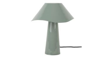 Misty Blue tafellamp Ameno met golvende kap en ronde voet op witte achtergrond