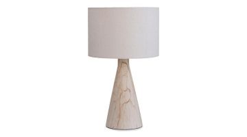 Tafellamp Jun met keramische travertijnlook voet en gebroken witte linnen lampenkap