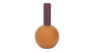 Keramieken vaas met ronde oranje basis en paarse hals in een modern kleurrijk design.