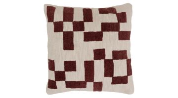 Vierkant kussen Mole met roodbruin geometrisch borduurpatroon op naturel achtergrond