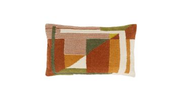 Rechthoekig kussen Blythe met geometrisch patroon in roest, oker, olijfgroen en crème velours