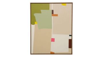 Handgeschilderde wanddecoratie Varikas met groene en beige vlakken in eikenhouten lijst