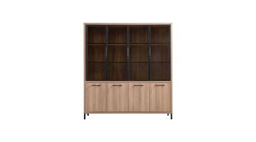 Hoge boekenkast Selinia in Brown Cuneo Oak met vier glasdeuren en vier dichte onderdeuren