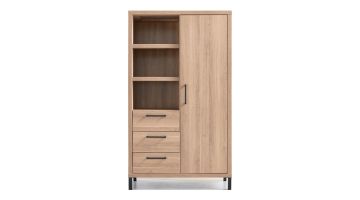 Hoge opbergkast Selinia in Brown Cuneo Oak met één hoge deur, drie lades en drie open vakken