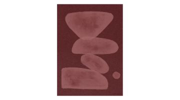 Abstracte art print met lichtroze vormen op bordeaux achtergrond in minimalistische compositie