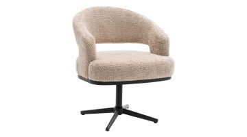 Beige INHOUSE armstoel Noalia met ronde rugleuning en zwarte draaipoot schuin vooraanzicht