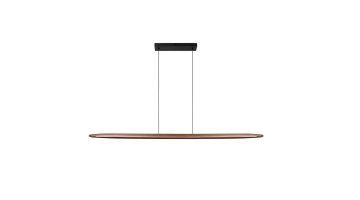 Slanke Lucide Langholt hanglamp in licht hout met zwarte plafondplaat en twee kabels, vrijstaand op witte achtergrond.