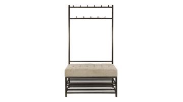 Garderobebank Luno drift brown met zitkussen, haken en schoenenrek vooraanzicht