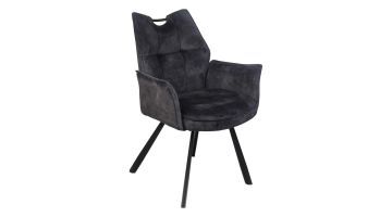 Armstoel Mabel in antraciet met verticale stiknaden, ronde zitting en zwarte metalen poten schuin van voren