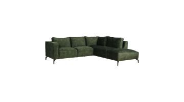 Elementenbank Wembley als groene hoekbank met chaise longue en zwarte metalen poten.
