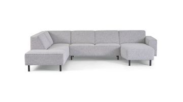 Montèl 40-4 Rechts hoekbank in lichtgrijze stof met kubistische vorm en zwarte metalen poten vrijstaand op witte achtergrond