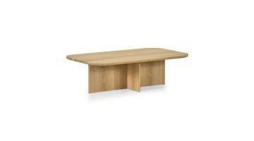 Montèl Combi Plus salontafel in naturel eiken schuin van voren met rechthoekig blad en kruisvormig houten onderstel