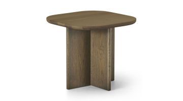 Montèl Combi Plus bijzettafel in Smoked Moss schuin van voren met vierkant blad en kruisvormig houten onderstel