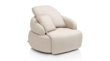 Beige XL homecinema draaifauteuil in boucléstof met sierkussen en ronde basis