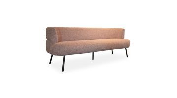 Eetkamerbank Dani in taupe stof met zwart metalen poten, zijaanzicht